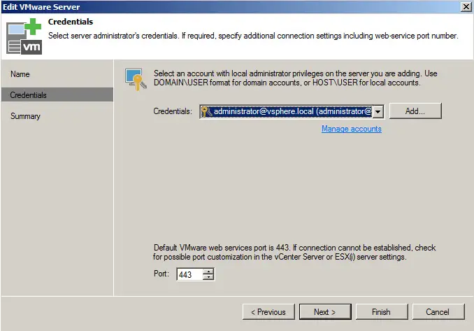 Edit VMware Server - Credential
