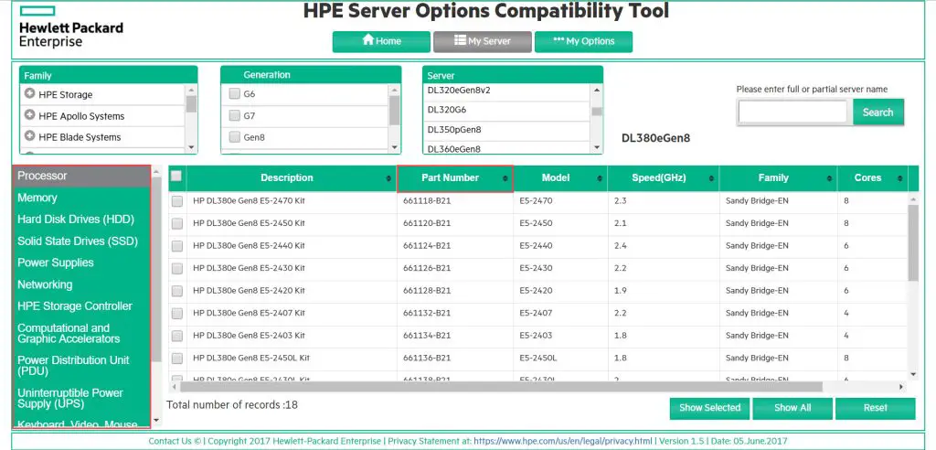 HPE Server Options Compatibility Tool - My Server - Example