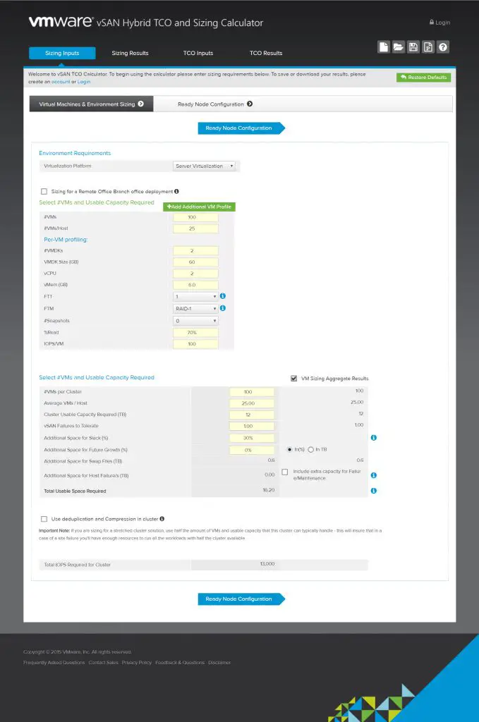 vSAN Hybrid TCO and Sizing Calculator - Sizing Inputs