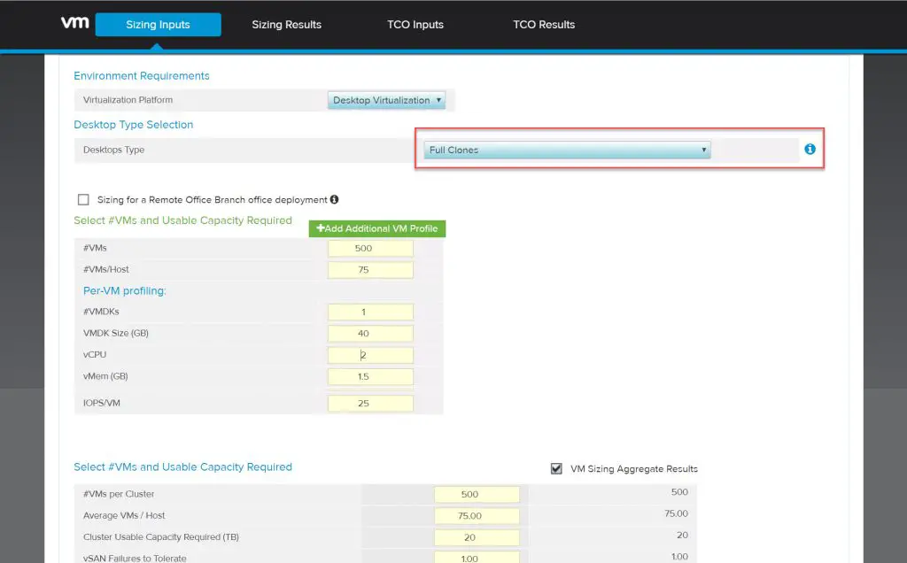 vSAN Hybrid TCO and Sizing Calculator - Sizing Inputs - Desktop Virtualization