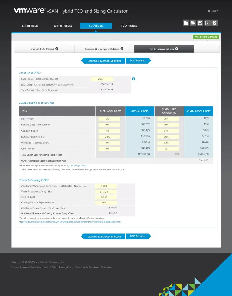 vSAN Hybrid TCO and Sizing Calculator - OPEX Assumptions